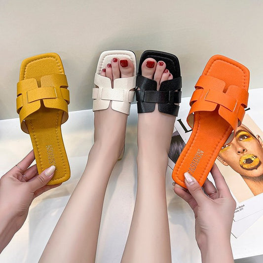 Fashionable leather square-head sandals for women