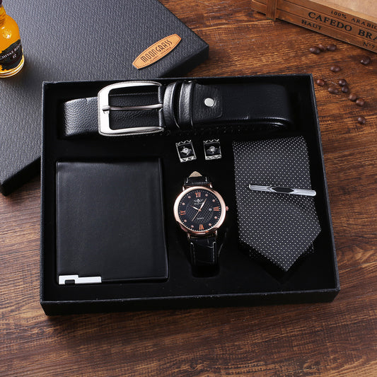 5pcs Set Boutique Gift Belt Wallet Tie Large Dial Quartz Watch Cufflinks